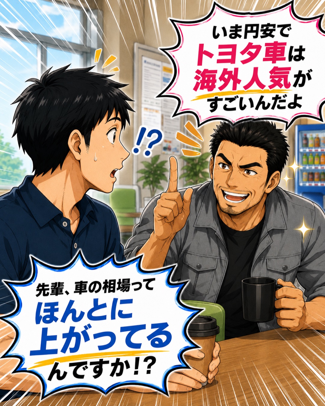 会社の先輩が円安と海外需要を解説するシーン